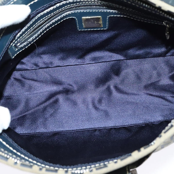 FENDI Zucchino Canvas Mamma Baguette Schultertasche Marineblau Silber Auth 138467
