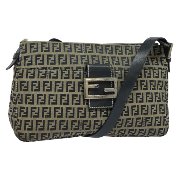 FENDI Zucchino Canvas Mamma Baguette Schultertasche Marineblau Silber Auth 138467