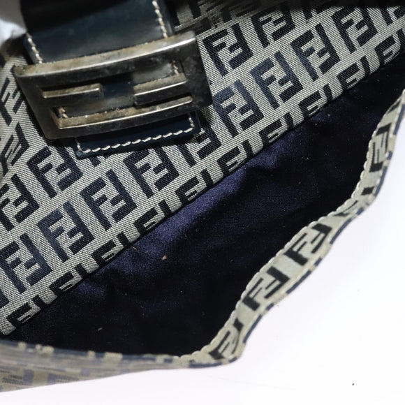 FENDI Zucchino Canvas Mamma Baguette Schultertasche Marineblau Silber Auth 138467