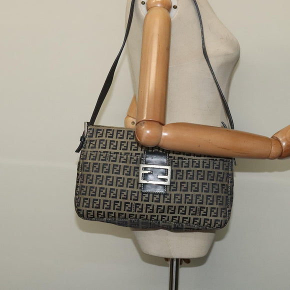 FENDI Zucchino Canvas Mamma Baguette Schultertasche Marineblau Silber Auth 138467