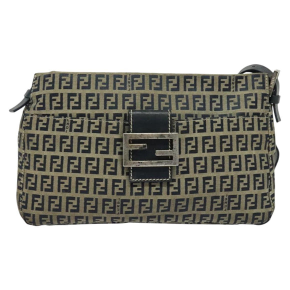 FENDI Zucchino Canvas Mamma Baguette Schultertasche Marineblau Silber Auth 138467