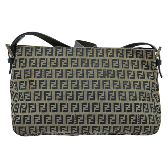 FENDI Zucchino Canvas Mamma Baguette Shoulder Bag Navy Silver Auth 138467