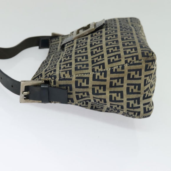 FENDI Zucchino Canvas Mamma Baguette Shoulder Bag Navy Silver Auth 138467
