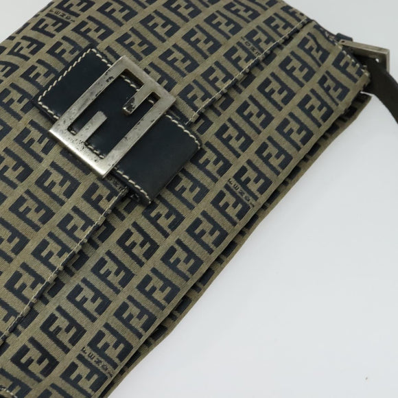 FENDI Zucchino Canvas Mamma Baguette Shoulder Bag Navy Silver Auth 138467