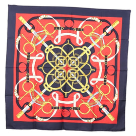 HERMES Carre 90 Scarf ""Sellier Eperon d’or"" Silk Red Navy Auth 138496