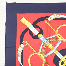 HERMES Carre 90 Scarf ""Sellier Eperon d’or"" Silk Red Navy Auth 138496 - 0