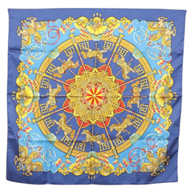 HERMES Carre 90 Scarf ""Plumes et Grelots"" Silk Blue Auth 138497