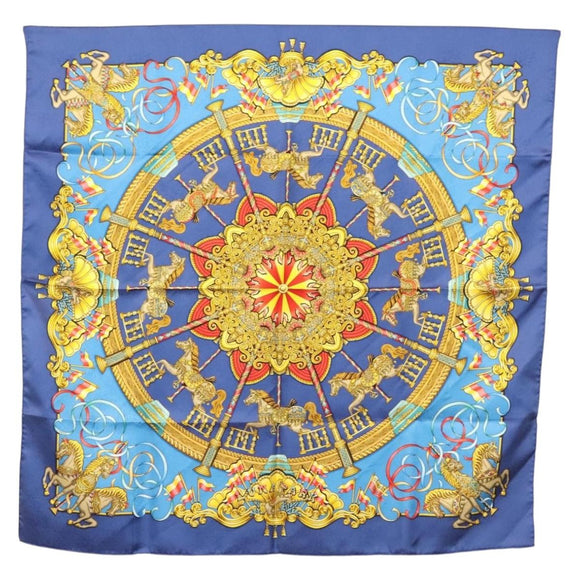 HERMES Carre 90 Scarf ""Plumes et Grelots"" Silk Blue Auth 138497