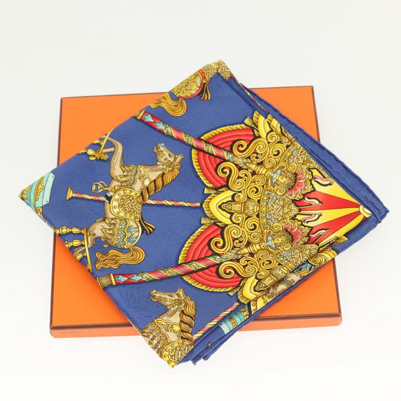 HERMES Carre 90 Scarf ""Plumes et Grelots"" Silk Blue Auth 138497