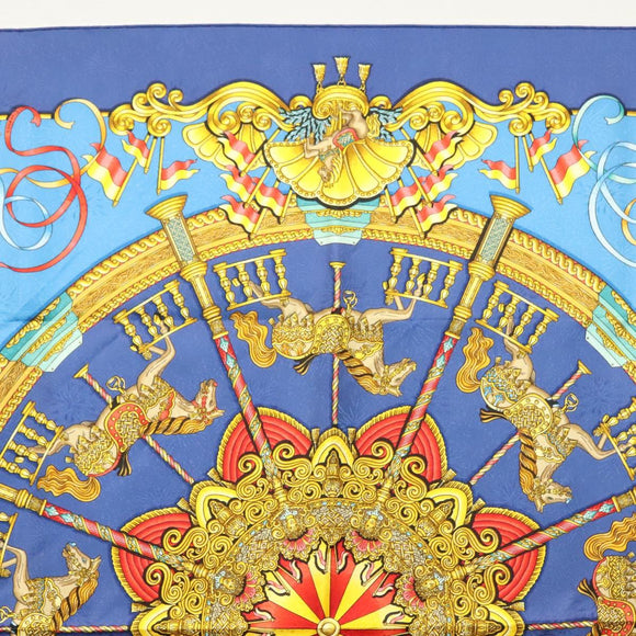 HERMES Carre 90 Scarf ""Plumes et Grelots"" Silk Blue Auth 138497