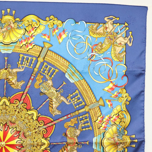 HERMES Carre 90 Scarf ""Plumes et Grelots"" Silk Blue Auth 138497