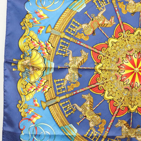 HERMES Carre 90 Scarf ""Plumes et Grelots"" Silk Blue Auth 138497