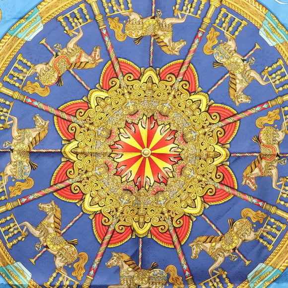 HERMES Carre 90 Scarf ""Plumes et Grelots"" Silk Blue Auth 138497
