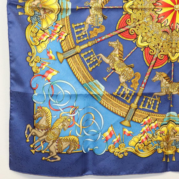 HERMES Carre 90 Scarf ""Plumes et Grelots"" Silk Blue Auth 138497