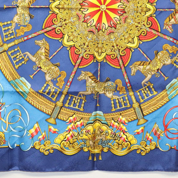 HERMES Carre 90 Scarf ""Plumes et Grelots"" Silk Blue Auth 138497