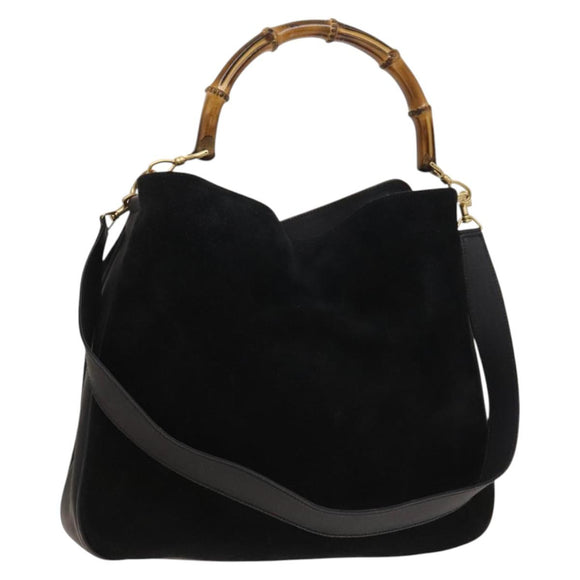 GUCCI Bamboo Shoulder Bag Suede 2way Black Gold 01 1705 1577 Auth 138502
