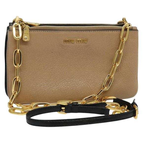 Miu Miu Chain Shoulder Bag Leather Beige Gold Auth 138544