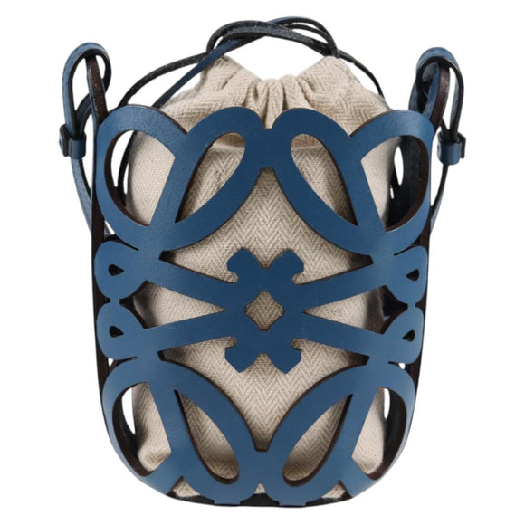 LOEWE Anagram Cut Out Pocket Shoulder Bag Leather Blue Auth 138555A