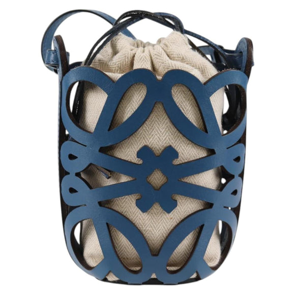 LOEWE Anagram Cut Out Pocket Shoulder Bag Leather Blue Auth 138555A