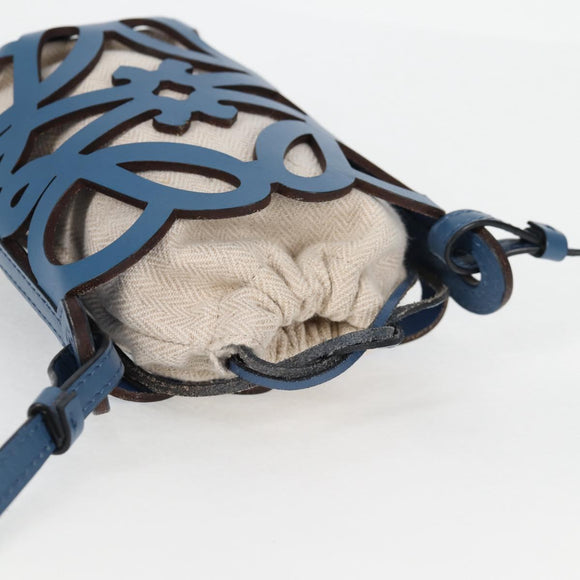 LOEWE Anagram Cut Out Pocket Shoulder Bag Leather Blue Auth 138555A