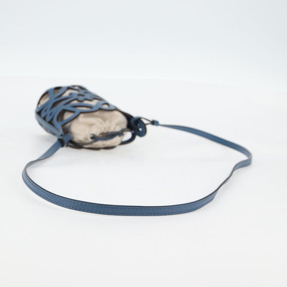 LOEWE Anagram Cut Out Pocket Shoulder Bag Leather Blue Auth 138555A