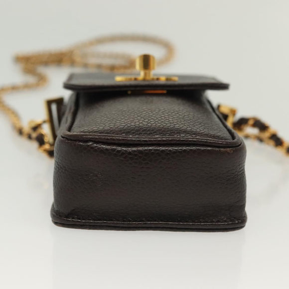 CHANEL Chain Shoulder Bag Caviar Skin Brown Gold CC Auth 138561