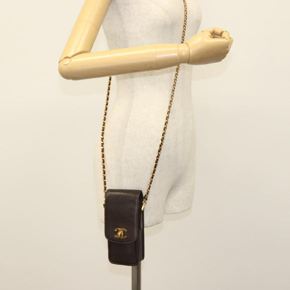 CHANEL Chain Shoulder Bag Caviar Skin Brown Gold CC Auth 138561