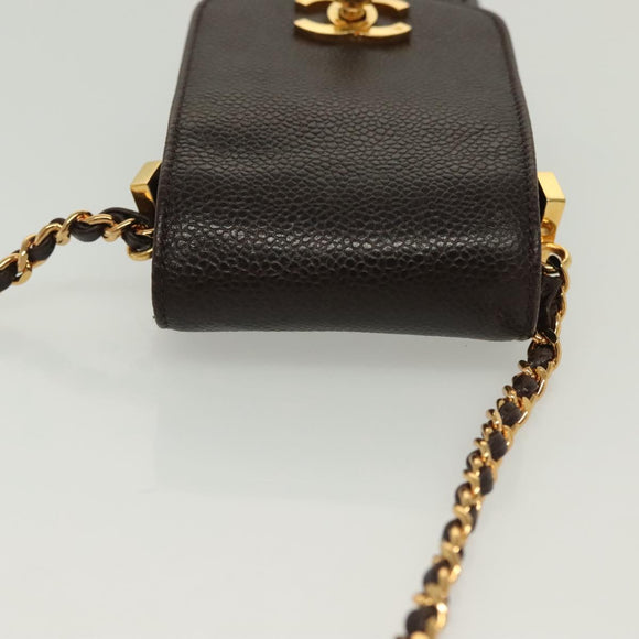 CHANEL Chain Shoulder Bag Caviar Skin Brown Gold CC Auth 138561