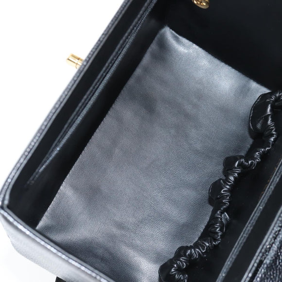 CHANEL Vanity Hand Bag Caviar Skin 2way Black Gold CC Auth 138563A