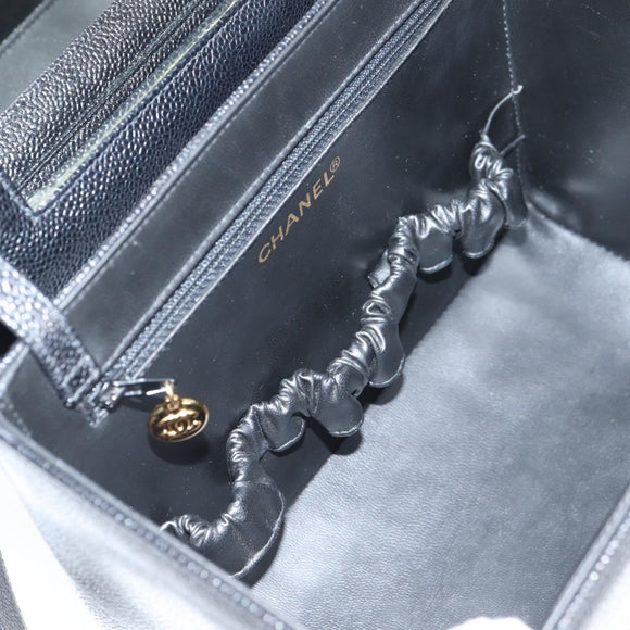 CHANEL Vanity Hand Bag Caviar Skin 2way Black Gold CC Auth 138563A