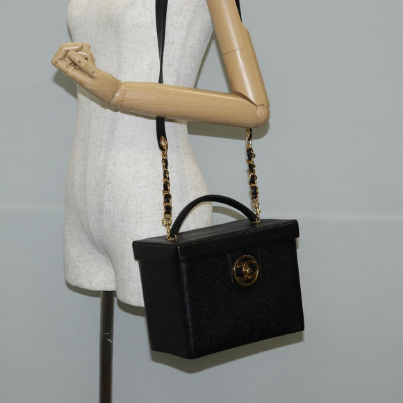 CHANEL Vanity Hand Bag Caviar Skin 2way Black Gold CC Auth 138563A