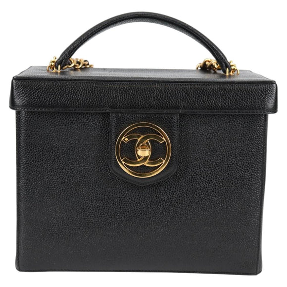 CHANEL Vanity Hand Bag Caviar Skin 2way Black Gold CC Auth 138563V