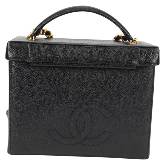 CHANEL Vanity Hand Bag Caviar Skin 2way Black Gold CC Auth 138563V
