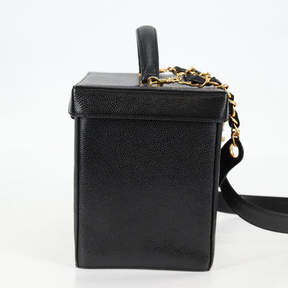CHANEL Vanity Hand Bag Caviar Skin 2way Black Gold CC Auth 138563A