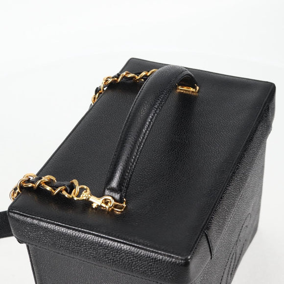 CHANEL Vanity Hand Bag Caviar Skin 2way Black Gold CC Auth 138563A