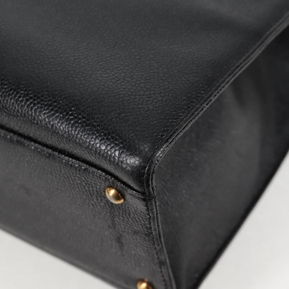 CHANEL Chain Hand Bag Caviar Skin Black Gold CC Auth 138564A