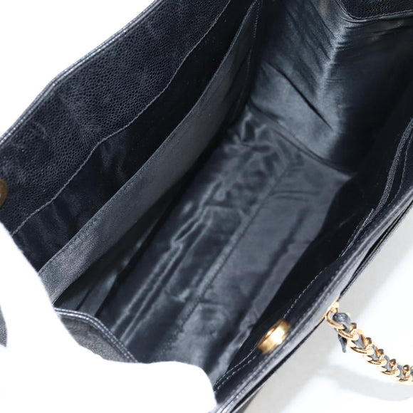 CHANEL Chain Hand Bag Caviar Skin Black Gold CC Auth 138564A