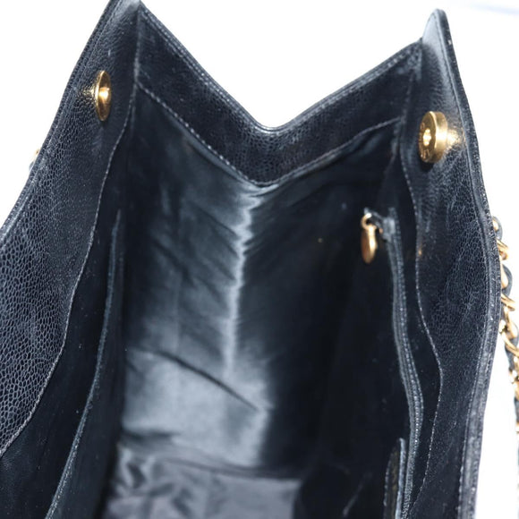 CHANEL Chain Hand Bag Caviar Skin Black Gold CC Auth 138564A