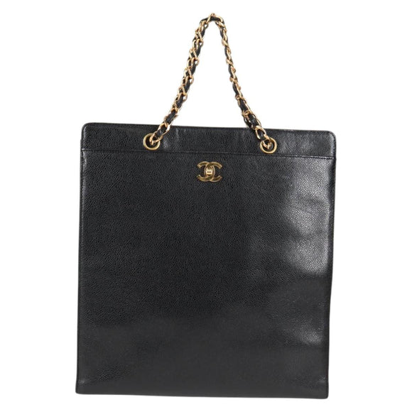 CHANEL Chain Hand Bag Caviar Skin Black Gold CC Auth 138564A