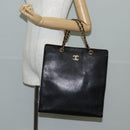 CHANEL Chain Hand Bag Caviar Skin Black Gold CC Auth 138564A-23