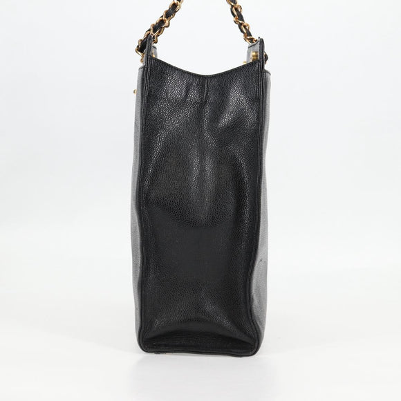 CHANEL Chain Hand Bag Caviar Skin Black Gold CC Auth 138564A