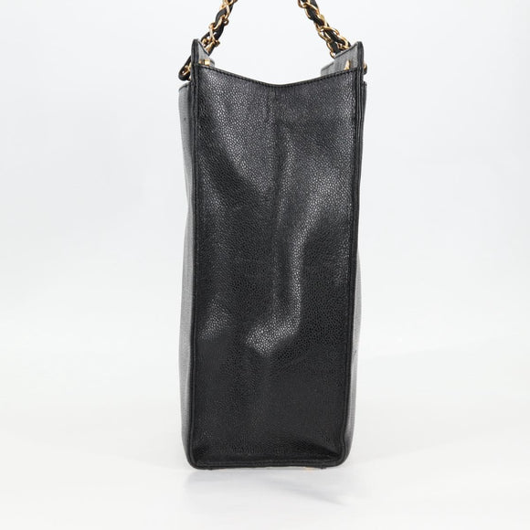 CHANEL Chain Hand Bag Caviar Skin Black Gold CC Auth 138564A