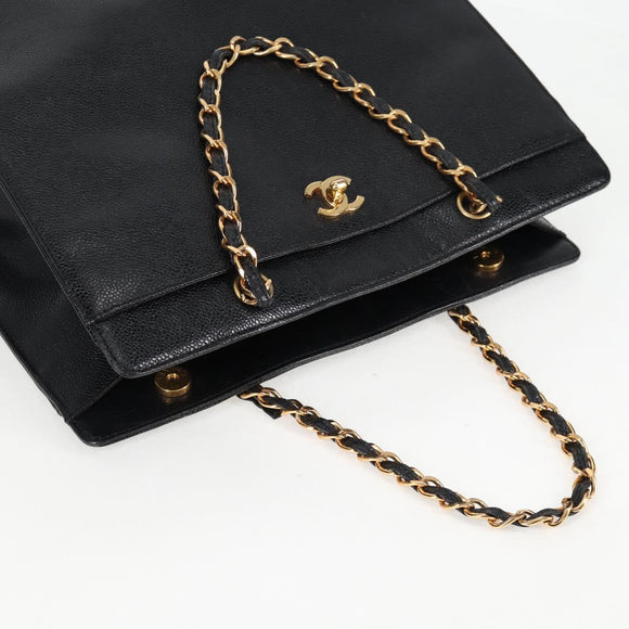 CHANEL Chain Hand Bag Caviar Skin Black Gold CC Auth 138564A