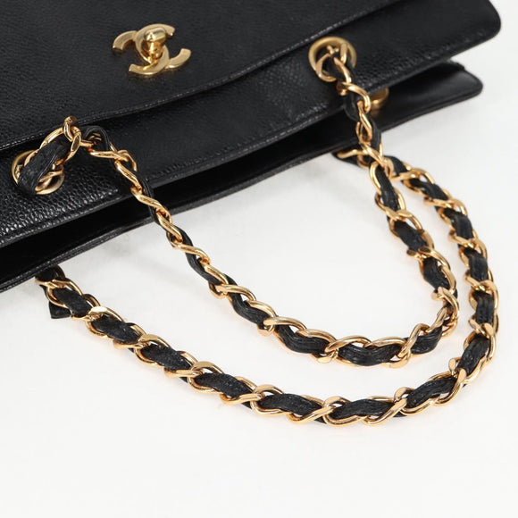 CHANEL Chain Hand Bag Caviar Skin Black Gold CC Auth 138564A