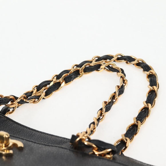 CHANEL Chain Hand Bag Caviar Skin Black Gold CC Auth 138564A