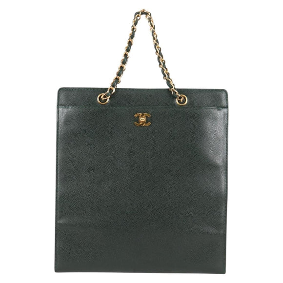 CHANEL Chain Hand Bag Caviar Skin Green Gold CC Auth 138565A