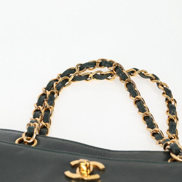 CHANEL Chain Hand Bag Caviar Skin Green Gold CC Auth 138565A