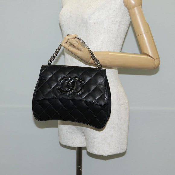 CHANEL Chain Hand Bag Lamb Skin Black Silver CC Auth 138566V