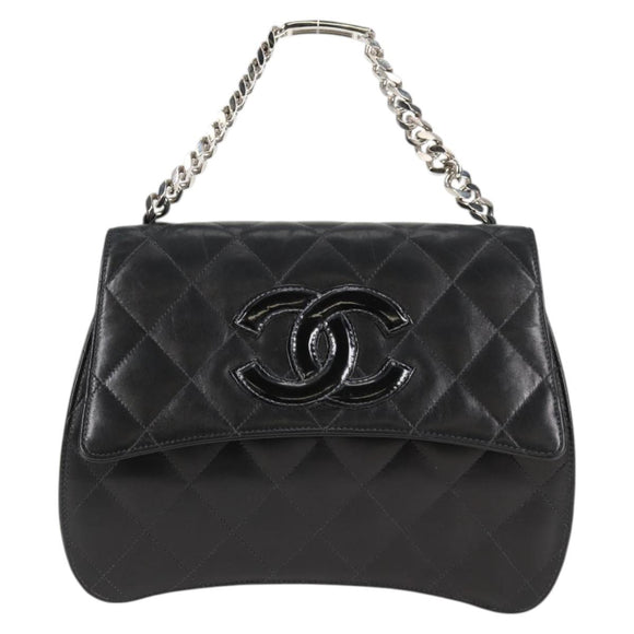 CHANEL Chain Hand Bag Lamb Skin Black Silver CC Auth 138566V