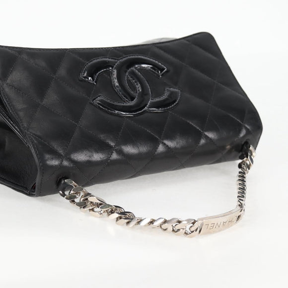 CHANEL Chain Hand Bag Lamb Skin Black Silver CC Auth 138566V